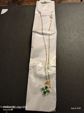 Gold Necklace with Green Clover Gemstone Pendant